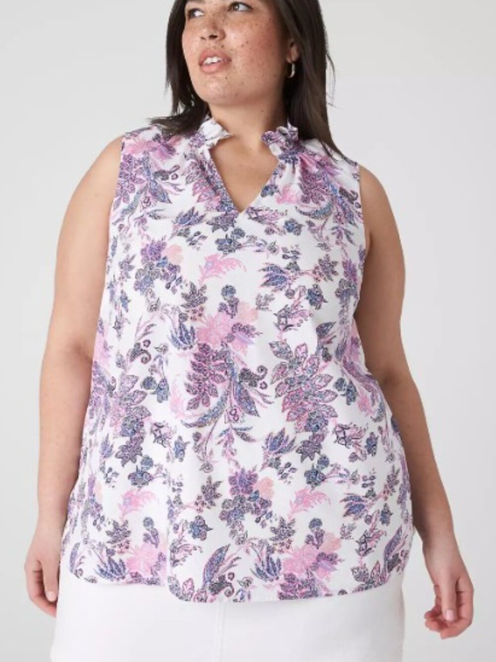 Lane Bryant Top Womens 14/16 Ruffle-Neck Woven & Knit Top in Martha Paisley